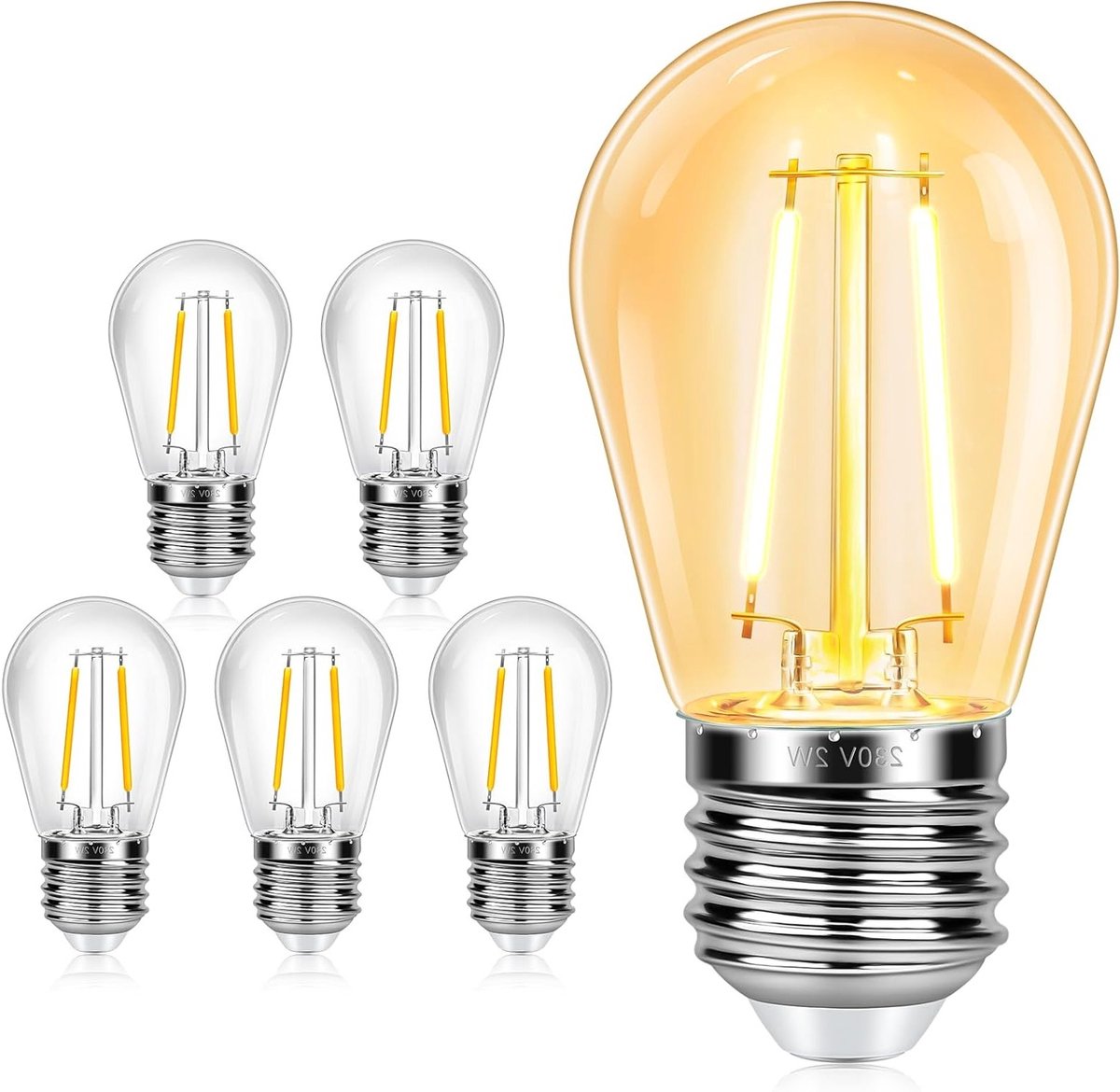 Set van 6 Stuks 2W Buiten LED Lampen met E27 Fitting, Warm Wit 2700K, Waterdicht en Energiebesparend voor Tuinverlichting, Feestverlichting en Terrasdecoratie