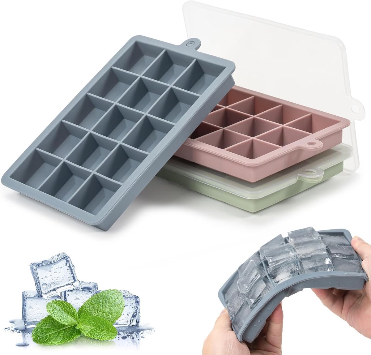 Set van 3 Siliconen IJsblokjesvormen met Deksel, 15 Compartimenten voor Grote IJsblokjes, Perfect voor Whisky, Cocktails en Babyvoeding - Vaatwasserbestendig en BPA-vrij