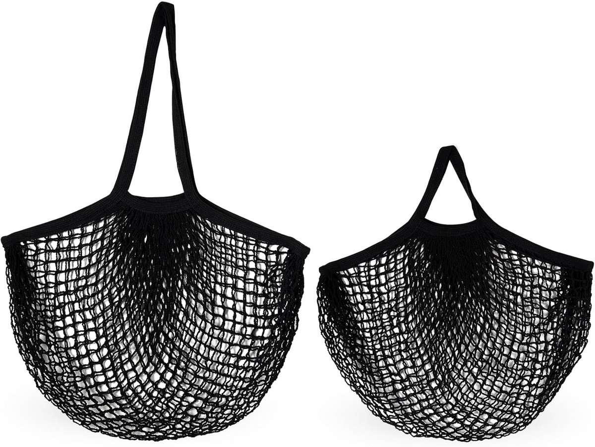 Herbruikbare kruidenierswinkel mesh zakken katoenen string mesh producten zakken biologische boodschappentassen draagbaar en wasbaar voor fruit groenten opslag beige 2 stks (1 lange steel, 1 kort handvat)
