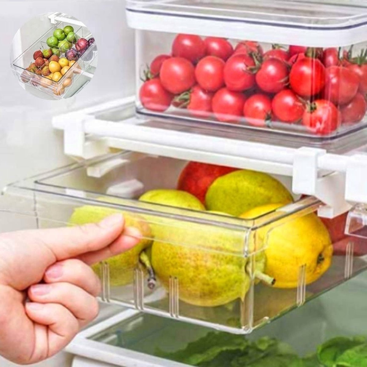 Uitbreidbare koelkastlade organizer met handvat, transparante voedselcontainer voor drankjes en huishoudelijke opslagoplossingen