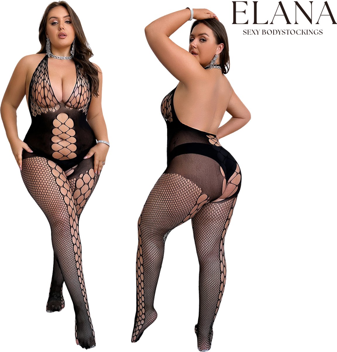 Elana - Selina Plus Size - Bodystocking - Visnet - Zeer Rekbaar - Erotische Lingerie met Open Kruis - Catsuit - L t/m XXL - Sexy Dames Lingerie - Bodysuit