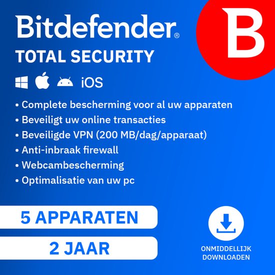 Bitdefender Total Security, voor 5 apparaten en 2 jaar. Bescherming voor Windows, Mac en iOS.