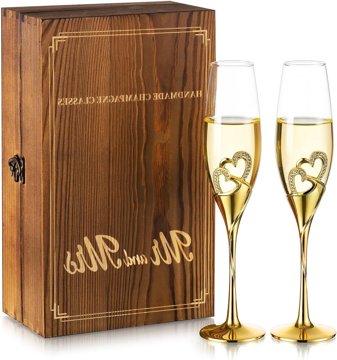 Elegante Champagneglazen voor Bruiloft: Set van 2 Gouden Prosecco Glazen in Houten Cadeau Doos voor Verloving, Jubileum en Bruid & Bruidegom