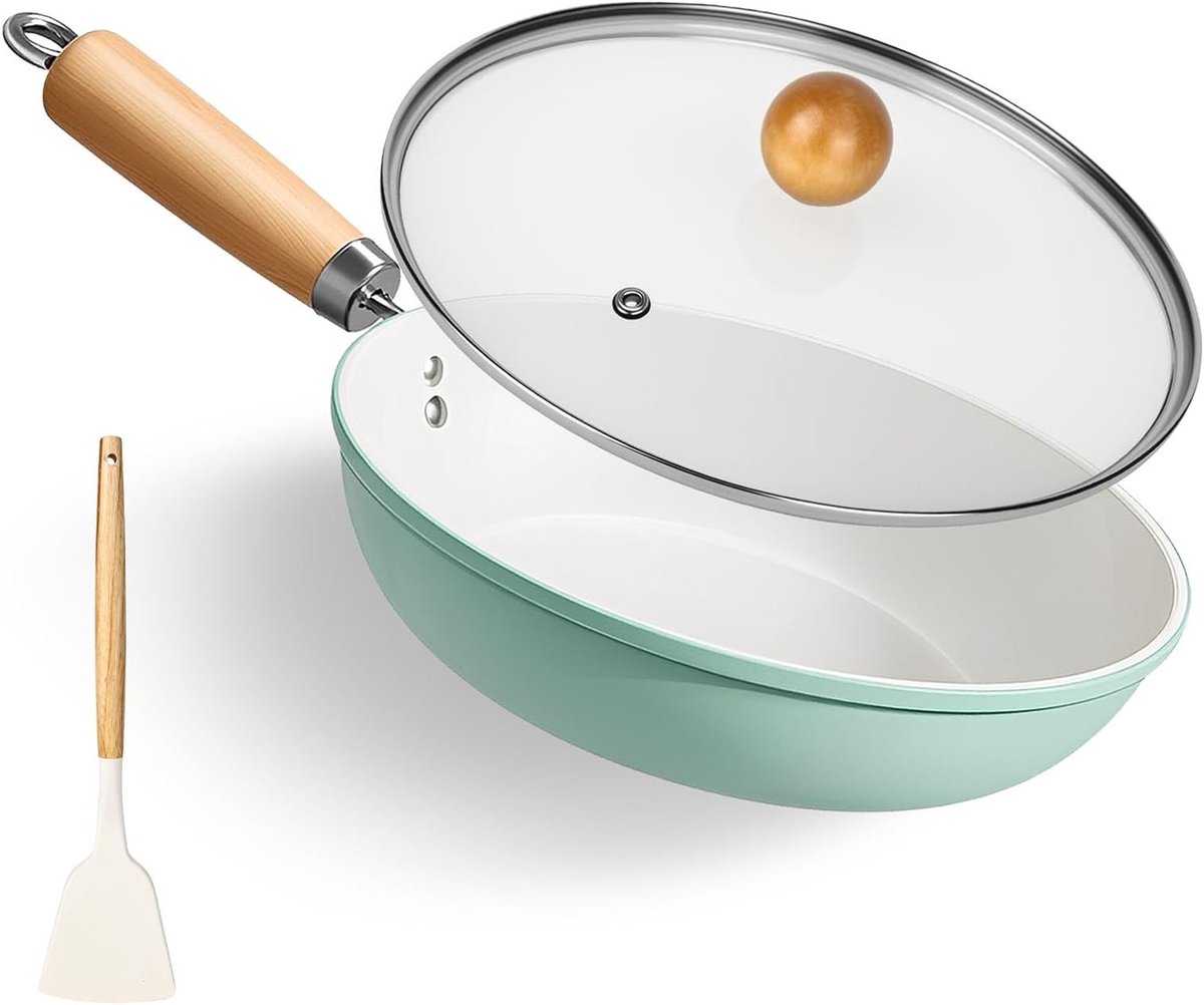 Keramische koekenpan 24 cm met inductie, afneembare handgreep en deksel, inclusief houten silicone spatel, PTFE-vrij, PFAS-vrij, PFOA-vrij en vaatwasserbestendig, beige kleur