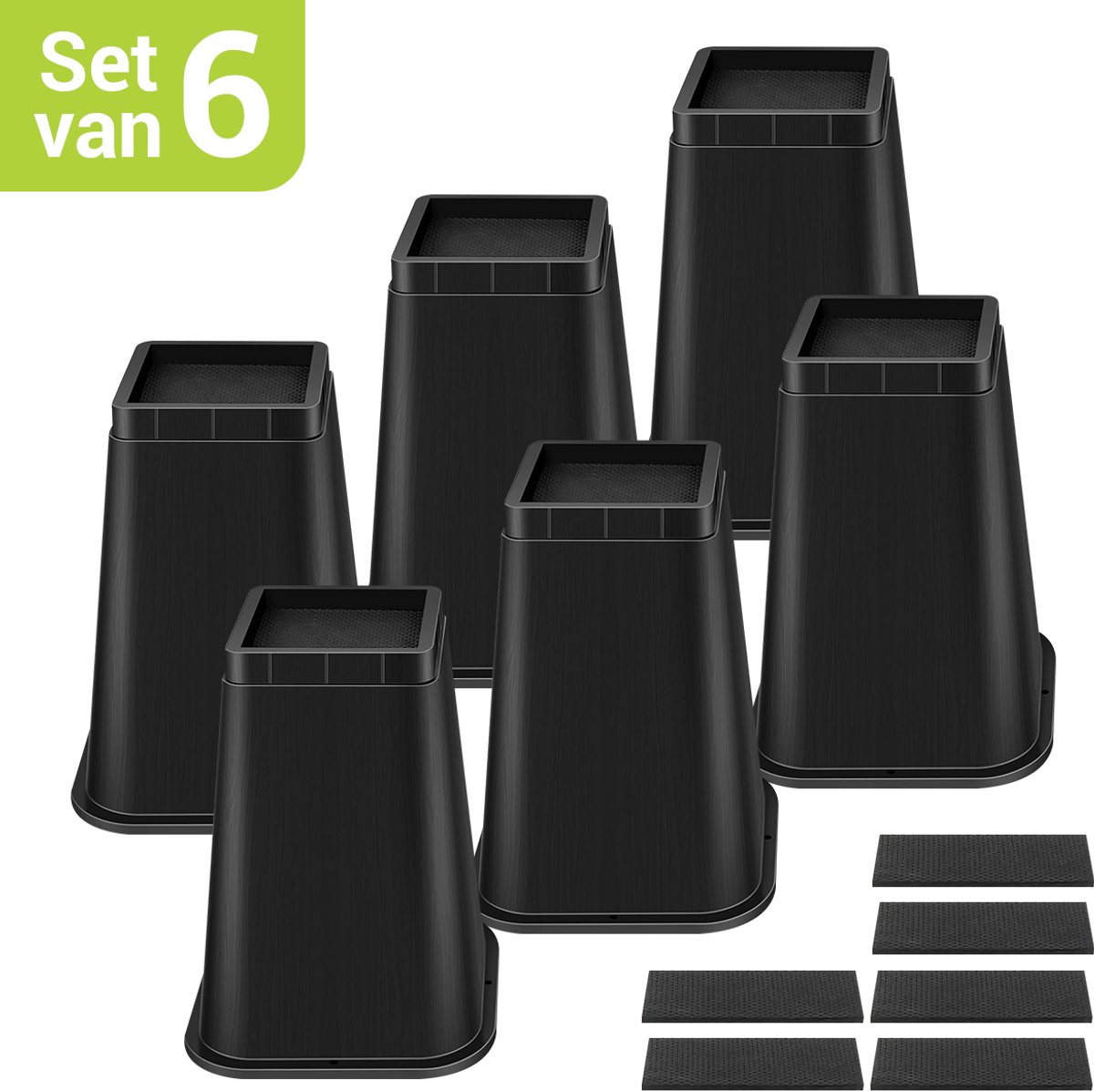JustValue Meubelverhogers - Verstelbare Bedverhogers - Bedklossen - Set van 6 - 20 cm Verhoging - Antislip - Zwart