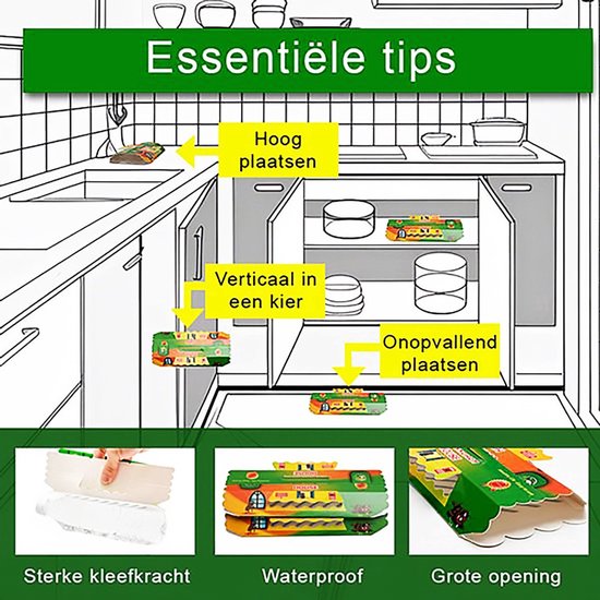 Illustratie van een keuken met pijlen die aangeven hoe en waar de kakkerlakkenvallen te plaatsen. Daaronder afbeeldingen van sterke kleefkracht, waterdichtheid en grote opening.