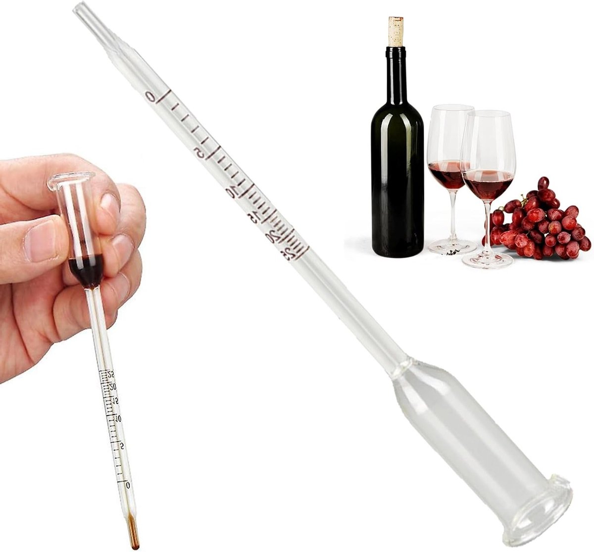Glas Vinometer voor het Meten van Alcoholpercentage in Wijn, Perfect voor Hobbybrouwers en Wijnliefhebbers, Nauwkeurige Alcoholmeter tot 25%