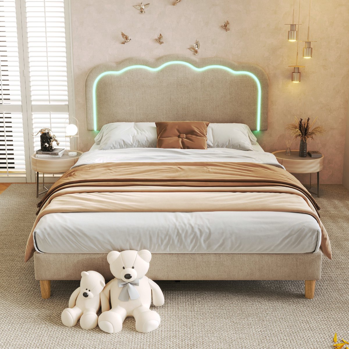 VVBV Gestoffeerd bed 140x200 / Tweepersoonsbed 140x200 – met LED-Verlichting, Lattenbodem – Hoofdbord – Tienerbed – Linnen – Beige – Tienerbed 140x200