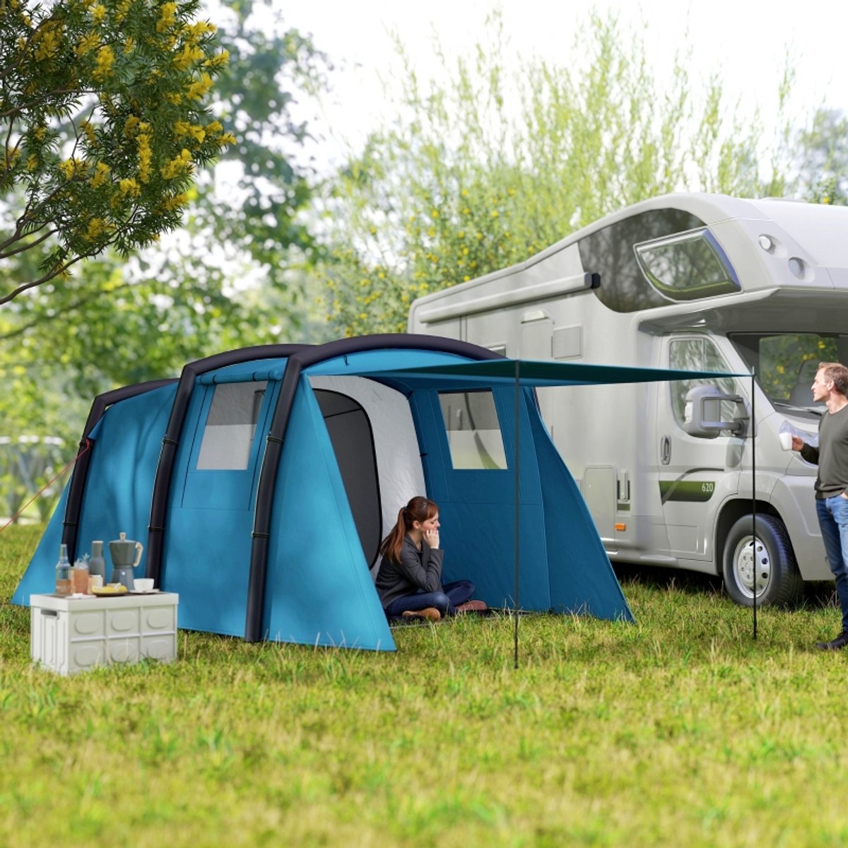 Familietent - Opblaasbare tunneltent - Buitentent - Aufblasbares Campingzelt 3-6 Personen - Met zijramen en deur - Opblaasbare constructie - 4,4 x 2,8 x 1,95 meter - Zonbescherming - Waterdicht - Blauw – foto 4