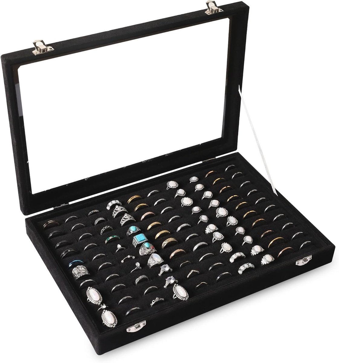 Ringhouder met 100 Ring Slots en Transparant Deksel, Luxe Velvet Opbergdoos voor Sieraden en Ringen (Zwart)