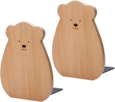 Set van 2 Schattige Beren Boekensteunen van Beukenhout, Natuurlijk Hout met Zwarte Voet, voor Kinderkamer, Bureau en Boekenkast