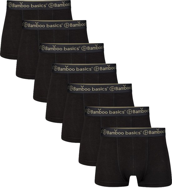Zeven zwarte bamboe boxershorts op een rij, met een elastische band met 'Bamboo Basics' logo.