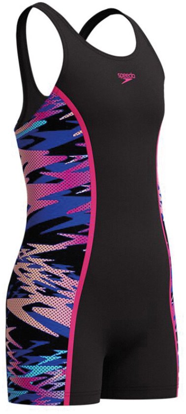 Zwart Speedo zwempak voor meisjes met op de zijkanten een opvallende camouflageprint in blauw, roze en beige.