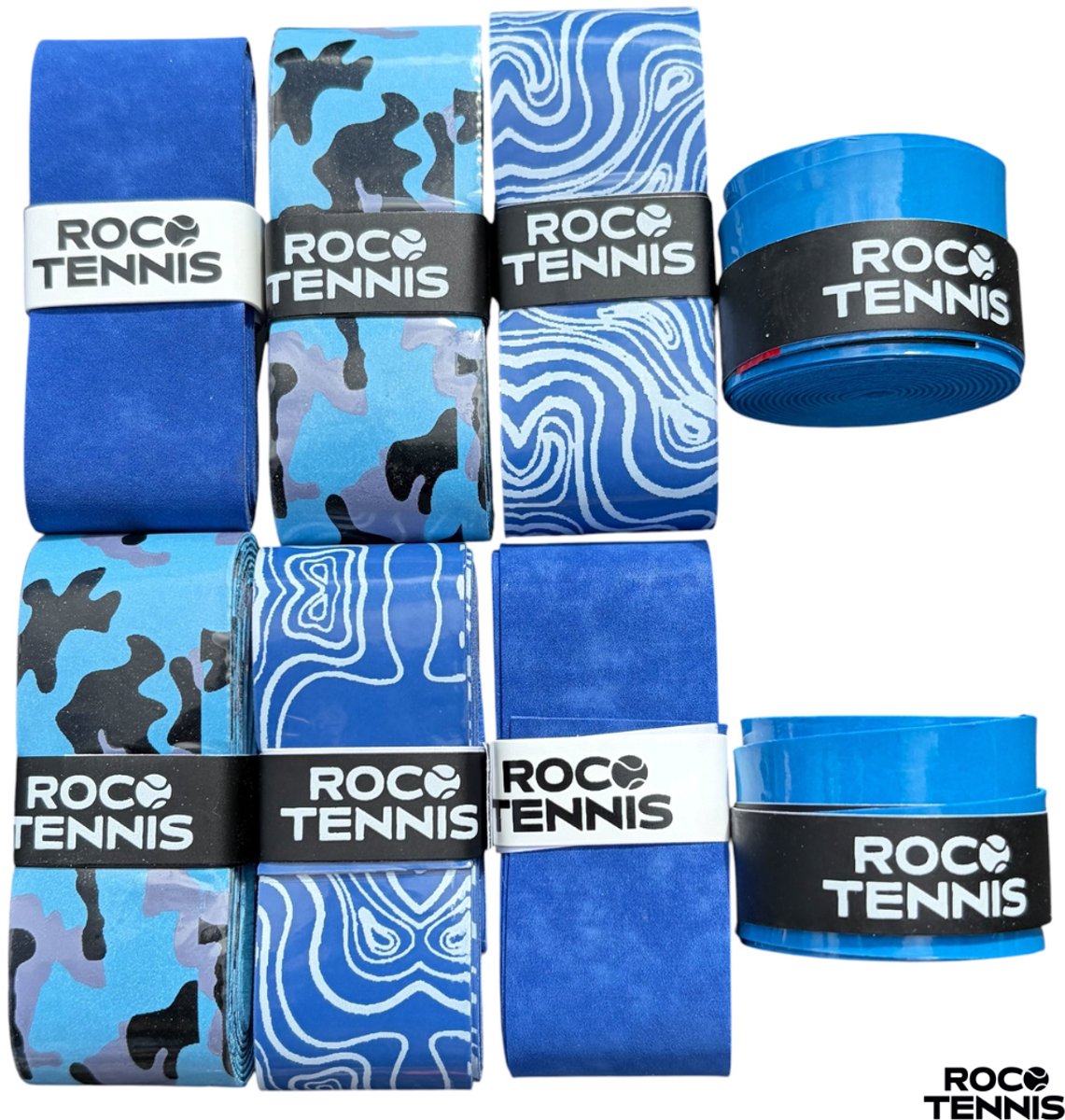 8 stuks | Roco Tennis Overgrips | Antislip | Dry | Zweetabsorberend | Uniek Patroon | Tennis | Padel | Badminton | Squash | Overgrip | Tennisgrips | Soft | Zacht | Blauw