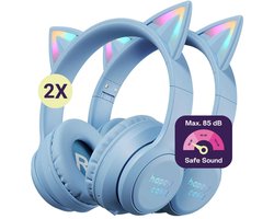 HappyCase Popz - Duo Pack Kinder Koptelefoon Draadloos - Kattenoortjes - Koptelefoon Voor Kinderen - Ledverlichting - Ingebouwde Microfoon - Over-Ear - 85db volumebregrenzer - Bluetooth - Blauw