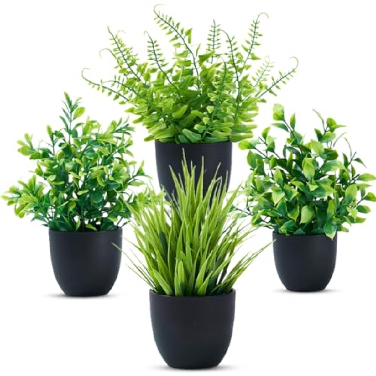 PromoHome Set van 4 Mini Kunstplanten in Zwarte Potjes - 19 cm - Nep Planten voor Binnen op Tafel, Bureau, Plank, Badkamer Decoratie