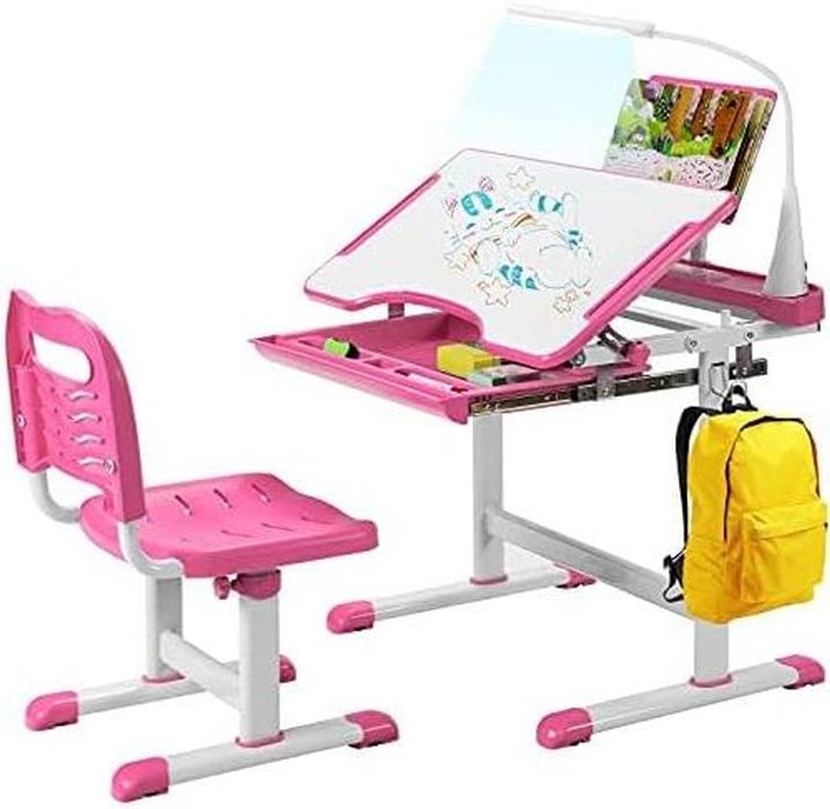 Kinderbureau met stoel - Studietafel set - Lezen tekenen - Verstelbare hoogte - 71 x 38 cm - Roze