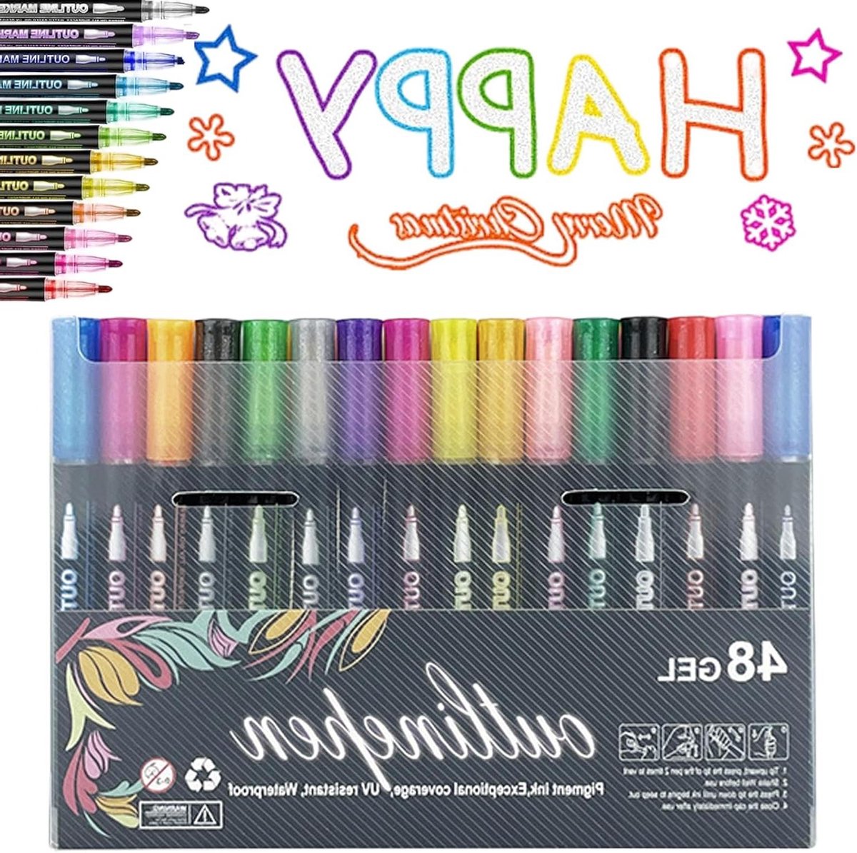 Kleurplaten Lightstick - Graffiti Markeerstiften - Creatief Tekenen - Dubbel Lijn Effect - 48 Stuks - Metallic Glitter