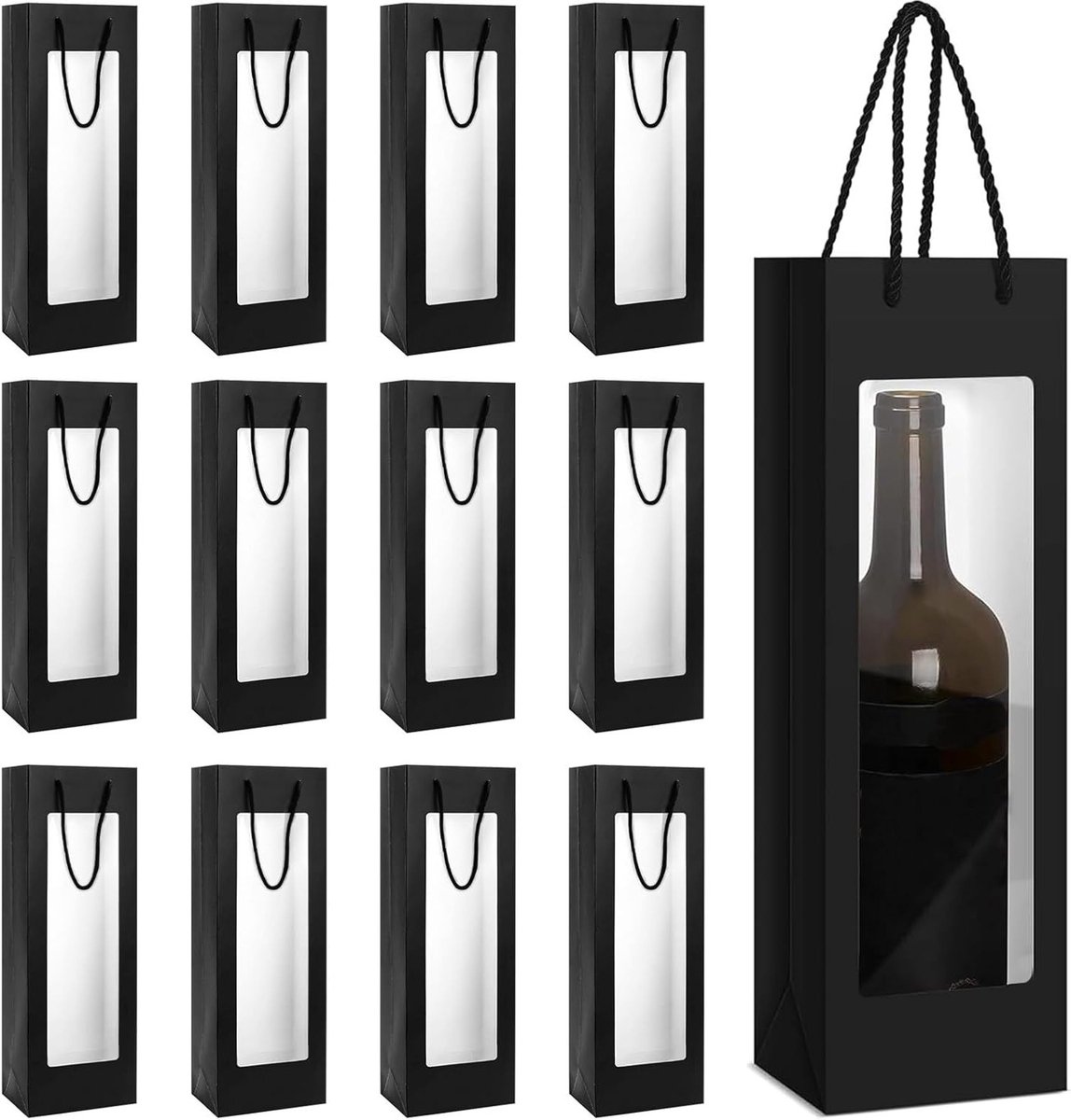 Kraft Papieren Cadeauzakken voor Wijnflessen, 12 Stuks, Zwart met Venster, Perfect voor Feestjes en Cadeaus