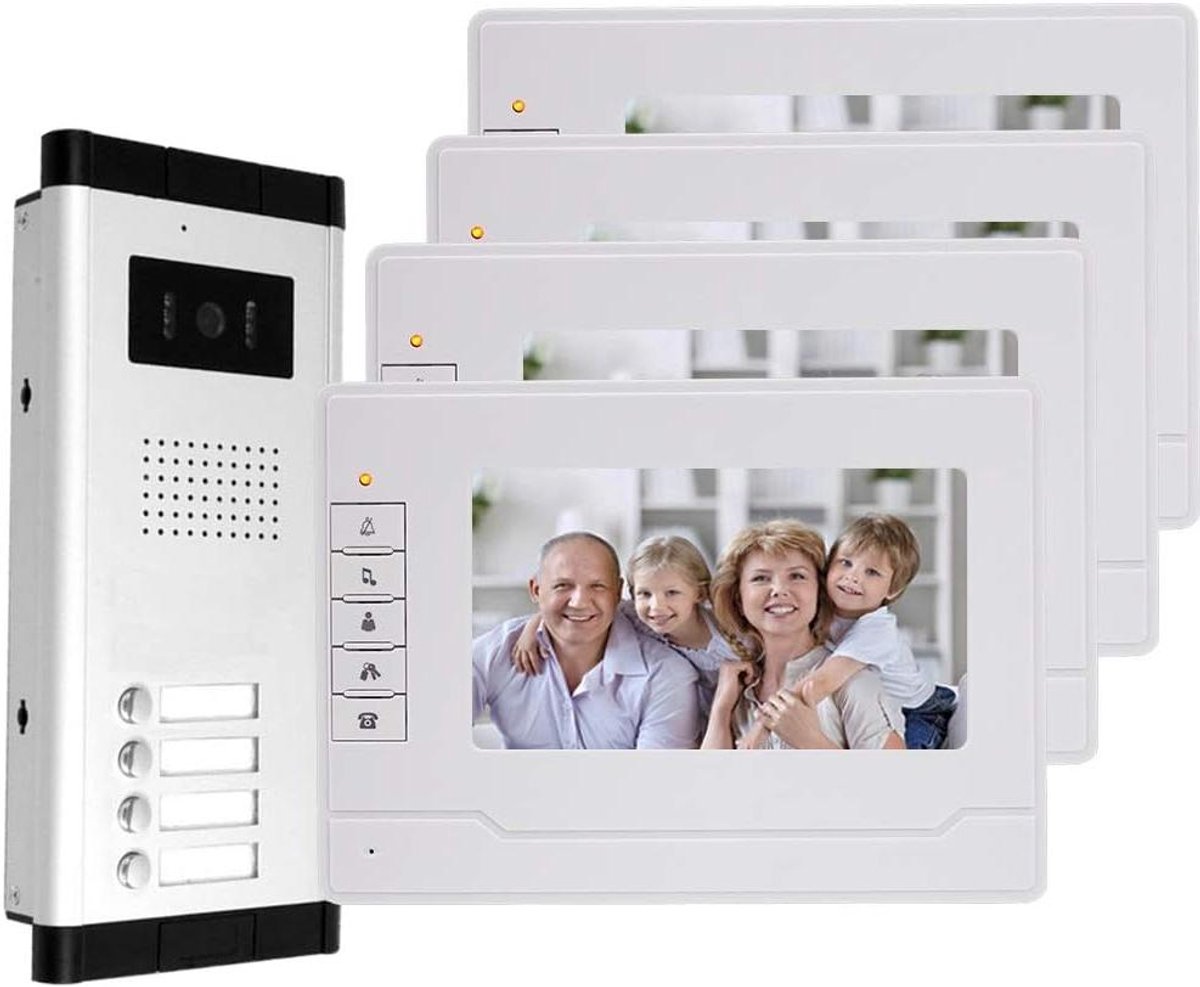Videodeurbel Systeem - Intercom Deurtelefoon - Beveiliging Thuis - 4 Binnenmonitoren - 7 inch LCD - Zwart