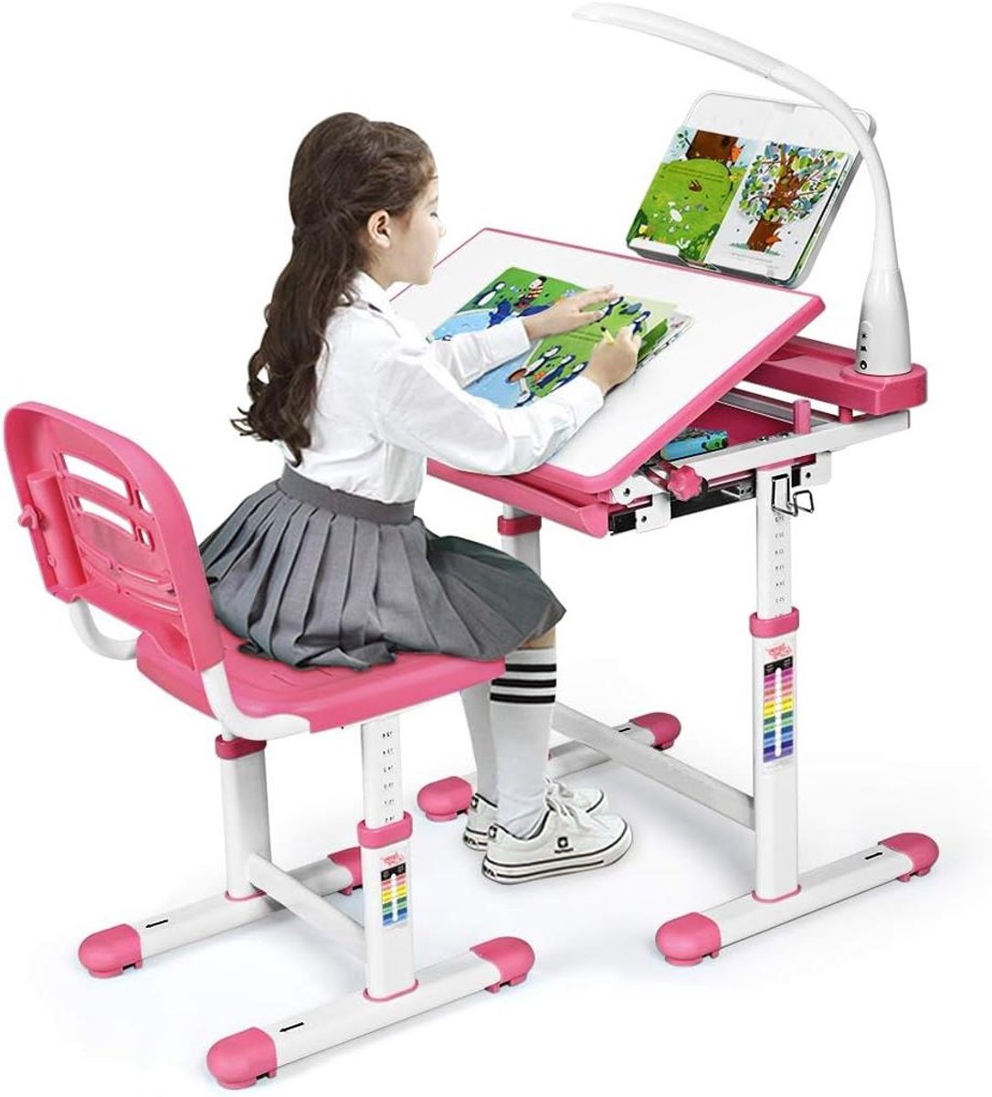 Kinderbureauset met Stoel - Jeugdbureau Tafel - Studeren en Lezen - In Hoogte Verstelbaar - 58 cm Breed - Roze