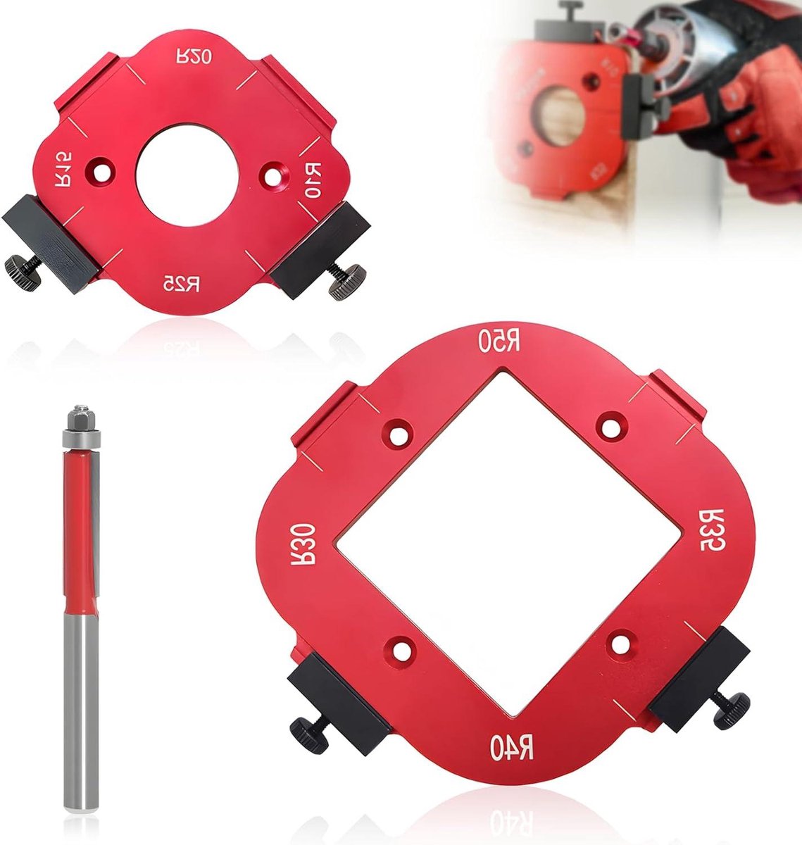 Router Jig Radius Sjabloon - Freesjabloon Houtbewerking - Nauwkeurig Hout Bewerken - 8 Straalopties R10-R50 - 2 stuks - Rood