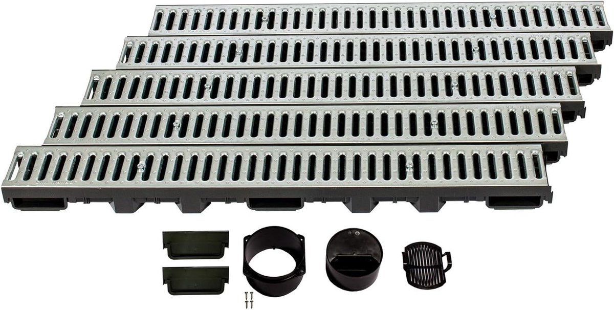 Afwateringsgoot Set - Drainagekanaal Regenwater - Overtollig Water Afvoeren - Modulair Insteeksysteem - 5 meter - Gegalvaniseerd Staal