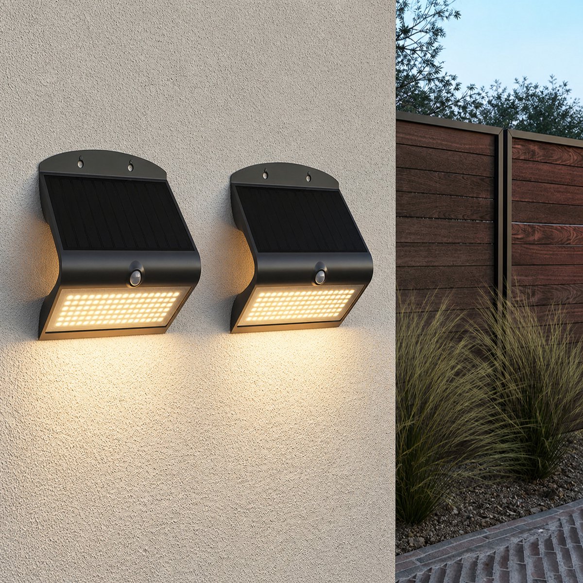 HOFTRONIC Set van 2 Rhodes Solar Wandlampen Up & Down - met Bewegingssensor - 8W - 3000K Warm wit - 2 lichtstanden - IP65 waterdicht - Wandlamp Schutting - Zwart