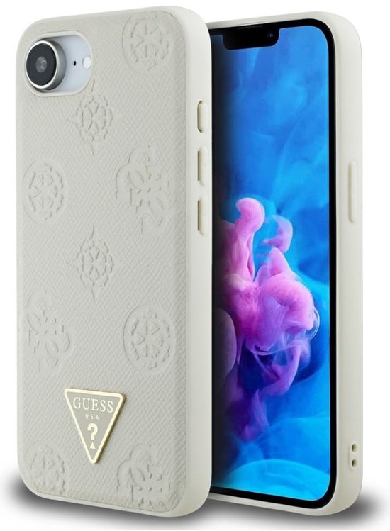 iPhone 16e hoesje beige MagSafe Guess Grained Hot Stamp Peony Triangle logo beschermhoes kunststof slank