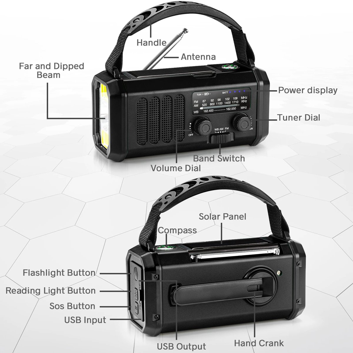 Xcruiser 2025 10000Mah Am/Fm/Noaa Weerradio Met 2 Zonnepanelen Zonne-Energie Handslinger Draagbare Nood Radio Leeslamp Voor Buiten Kamperen