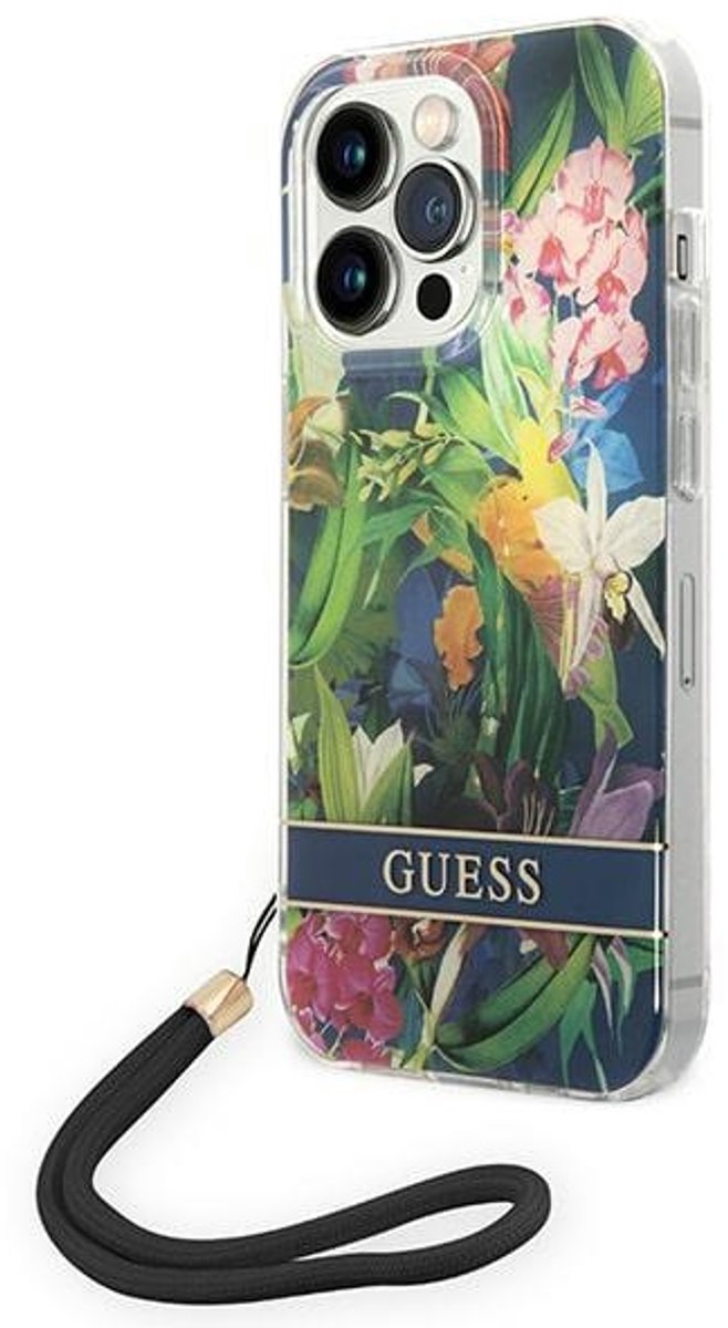 Guess Flower Back Cover met Strap - Geschikt voor Apple iPhone 14 Pro (6.1") - Blauw