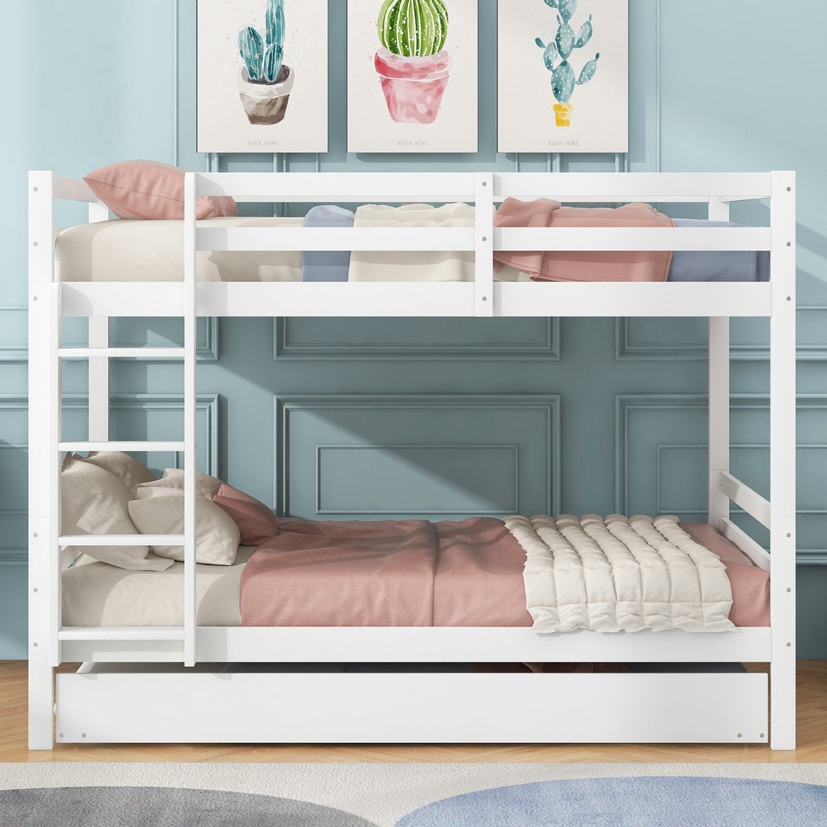 VVBV Stapelbed 140x200 – Kinderstapelbed met Uitschuifbed, Trap en Veiligheidshek – Wit – Voor Kinderen en Tieners – Lattenbodem