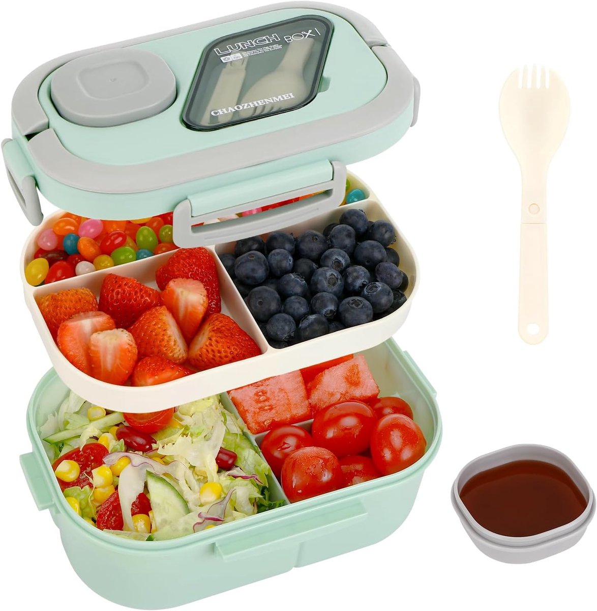 VHV - Broodtrommel - Lunchbox - Broodtrommel kinderen - Lunchbox volwassenen - 1200 ml - Lunchbox voor kinderen en volwassenen - Met 3 compartimenten - Lekvrij - BPA-vrij - Vaatwasmachinebestendig - Voor school - Picknicks en werk - Groen