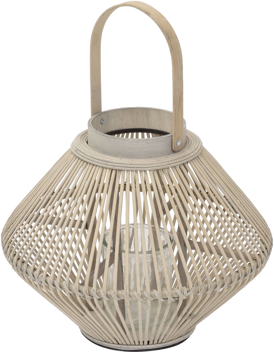 Bamboe lantaarn, windlicht H: 47 cm houtkleur, boho tuinlantaarn met handvat & glazen inzet, rieten kaarsenhouder