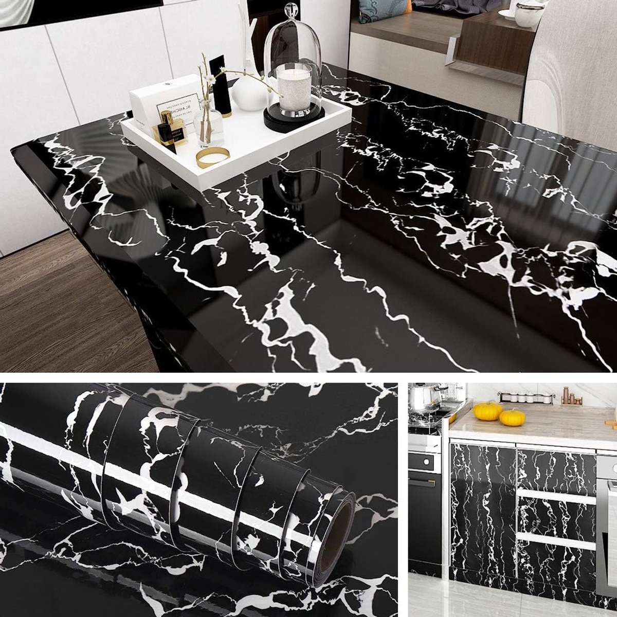 Zwart Marmer Contactpapier - Zelfklevend Waterdicht Vinyl voor Keuken, Badkamer en Meubels - 40CMx2M