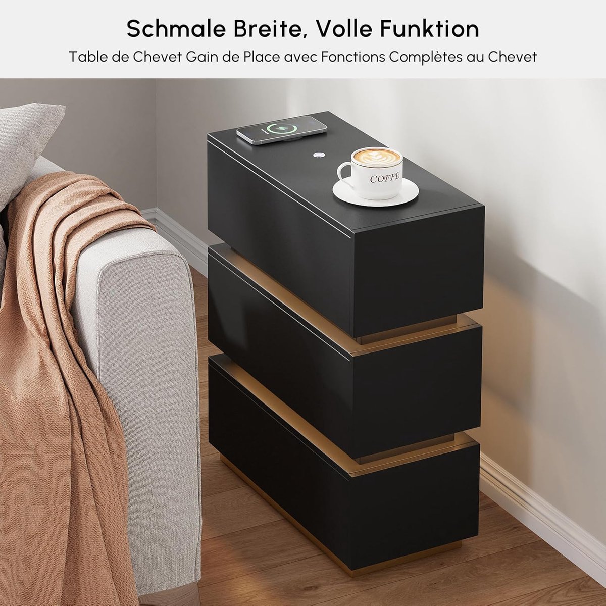 Nachtkastje set van 2 met draadloos laadstation – 60 x 24 x 50 cm – Smart LED bijzettafel met USB en Type-C poorten, 3 lades, modern smal design slaapkamer nachtkastje met LED verlichting – zwart – Faisal