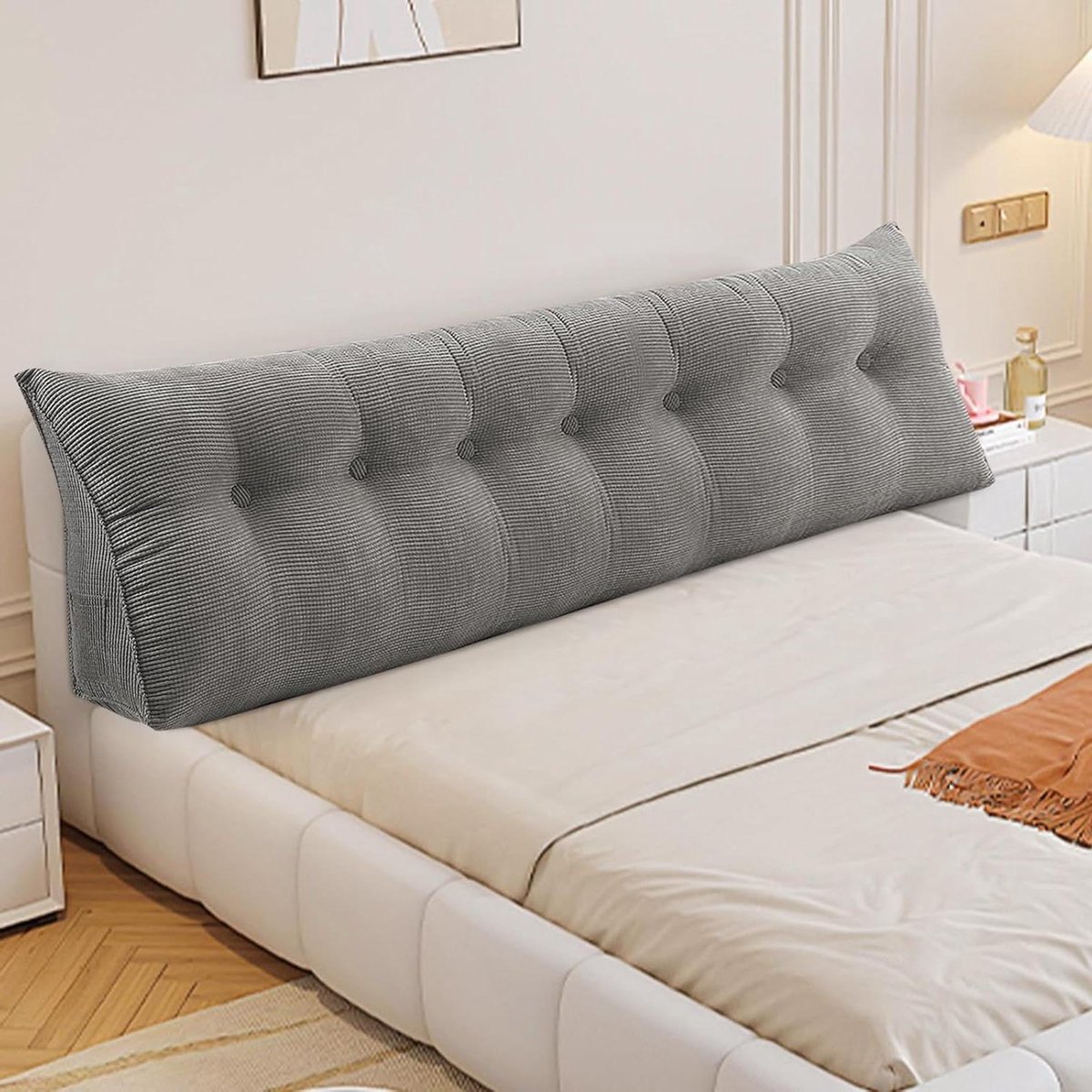 Bedhoofdeinde Wigkussen - Rugsteun Kussen - Comfortabel Lezen - Ergonomische Lendensteun - 200 x 50 x 20 cm - Grijs