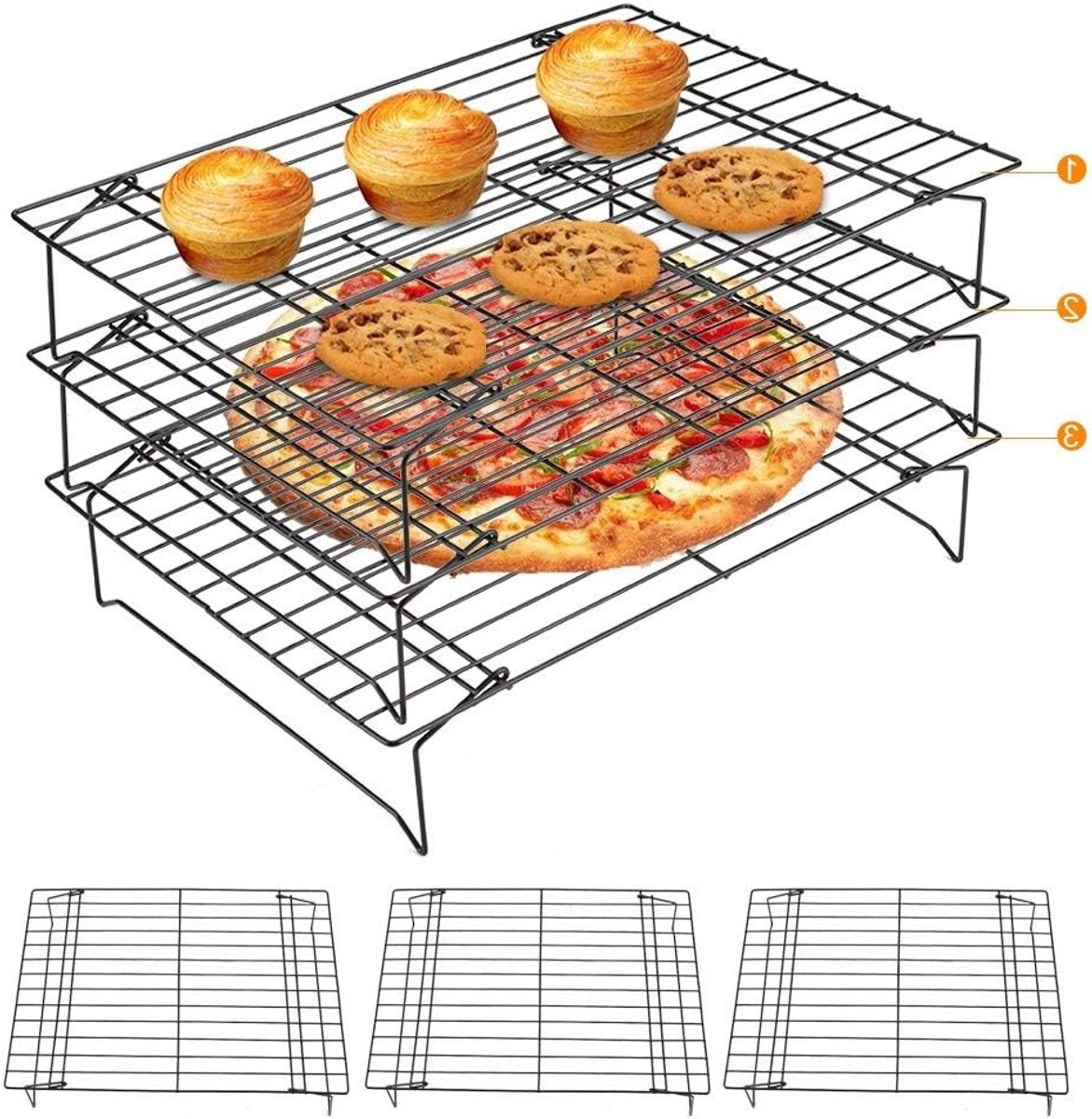 3-laags RVS Koelrek voor Bakken, Ideaal voor Koekjes, Taarten en Brood, 34 x 24 x 6 cm