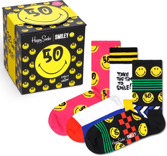 Happy Socks Smiley cadeauverpakking met 3 paar unisex enkelsokken met smiley gezichten en "TAKE THE TIME TO SMILE!".