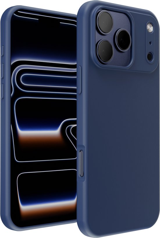 Donkerblauwe telefoonhoes met een telefoon die erin geplaatst is, op een witte achtergrond.
