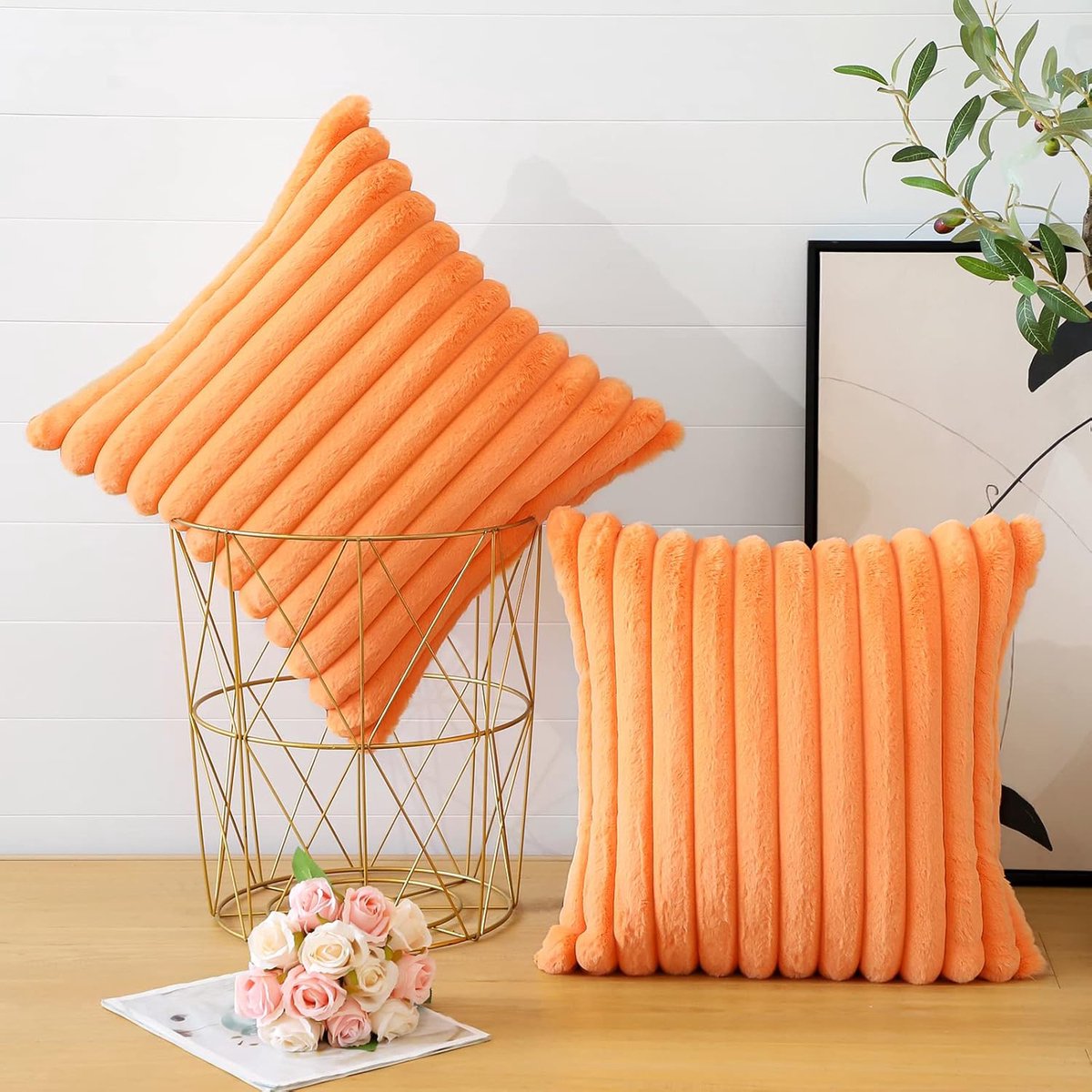 FloraGrace Kussenslopen – Sierkussensloop Set Van 2 Met Zachte Fluwelen Kussenslopen, Effen Gestreept Design Voor Woonkamer, Sofa En Slaapkamer – Oranje – 45x45 cm