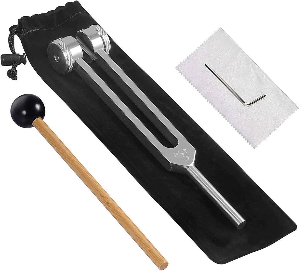 Therapeutische 128 Hz aluminium diapass met siliconen hamer, reparatieset en reinigingsdoek in een zachte opbergtas voor optimaal gebruik en transport