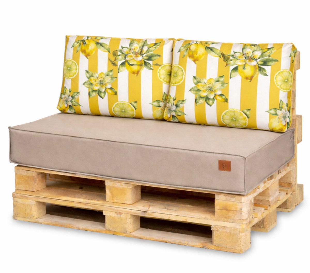 Blomster - Palletkussens 120x80 cm - Beige met citroenmotief gestreept - 3-delige set - Zitkussen en rugkussens voor tuin en balkon