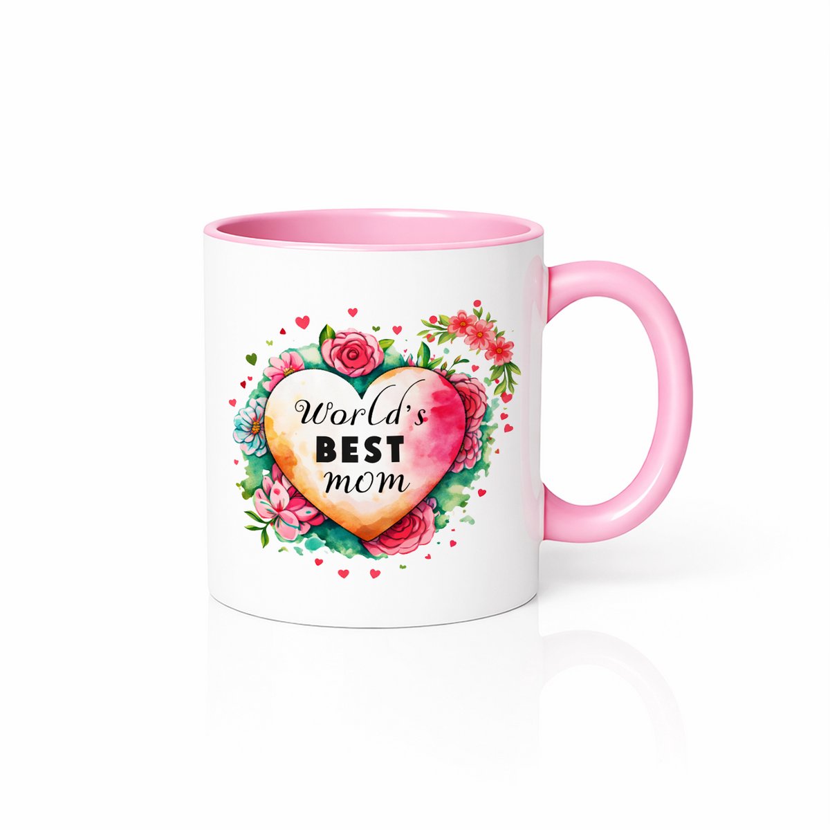 World's Best Mom Koffiemok - Moederdag Cadeau - Bloemen Hart - 330ml - Roze-wit Oor