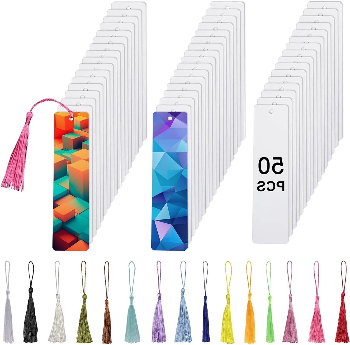 Sublimation Blanks - Metal Boekenleggers - Persoonlijke Cadeaus Maken - Met Kleurrijke Tassels - 50 Stuks - Wit