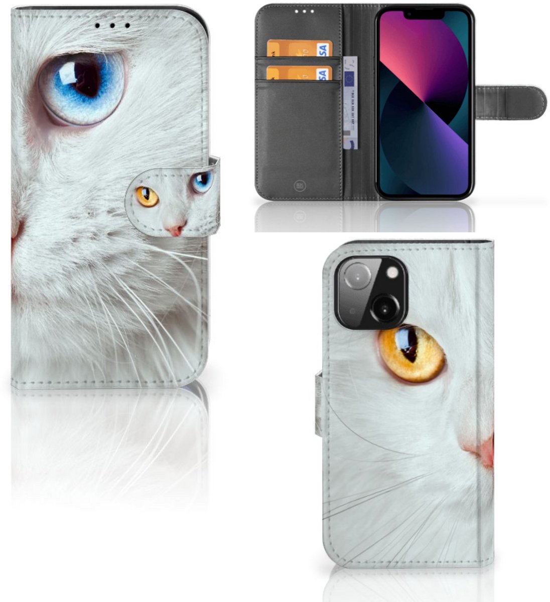 iPhone 13 Mini Telefoonhoesje met Pasjes Witte Kat