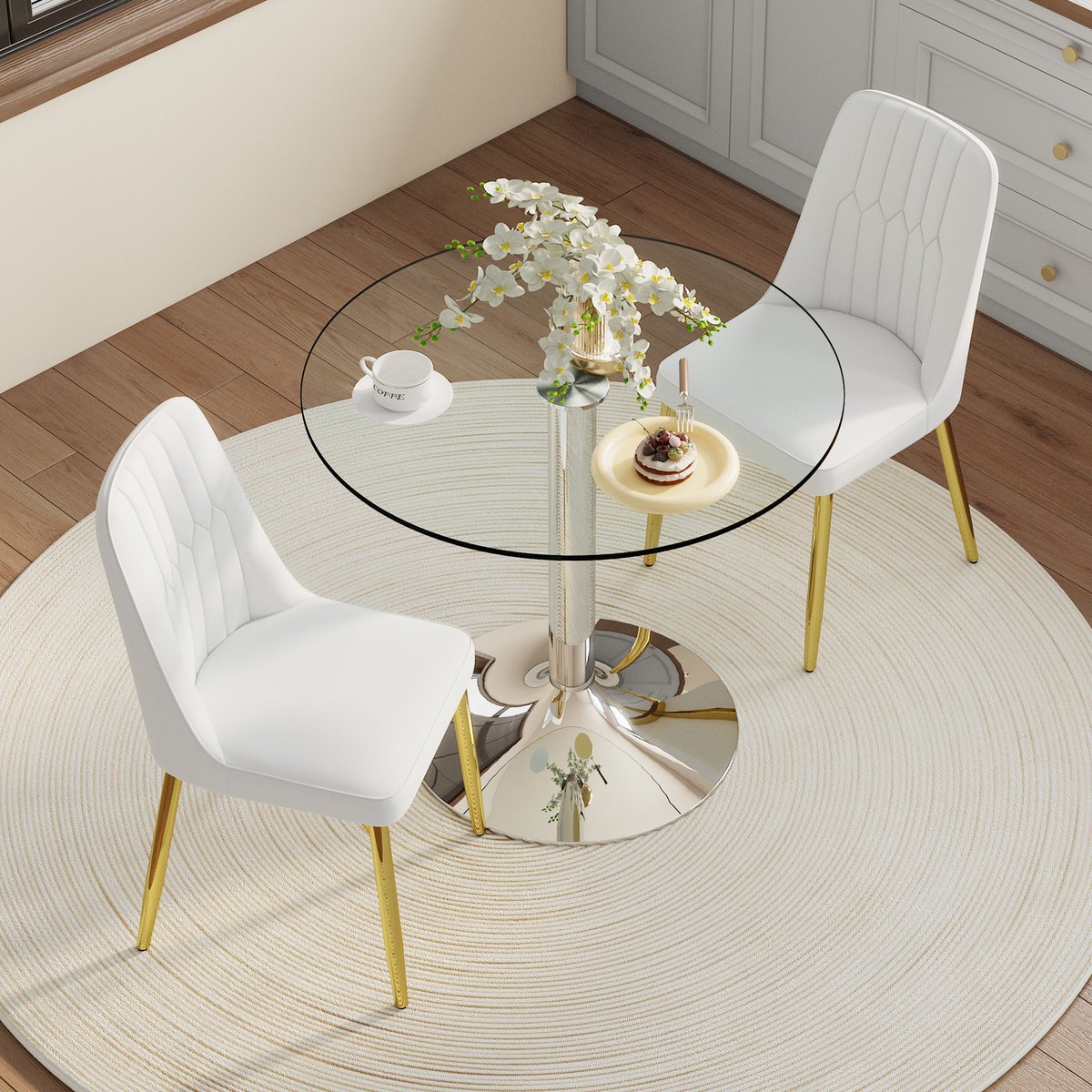 STILVORA Eettafelset 85 cm - Ronde Glazen Tafel Met 2 Eetkamerstoelen - Voor Eetkamer En Keuken - Glas Wit Goud