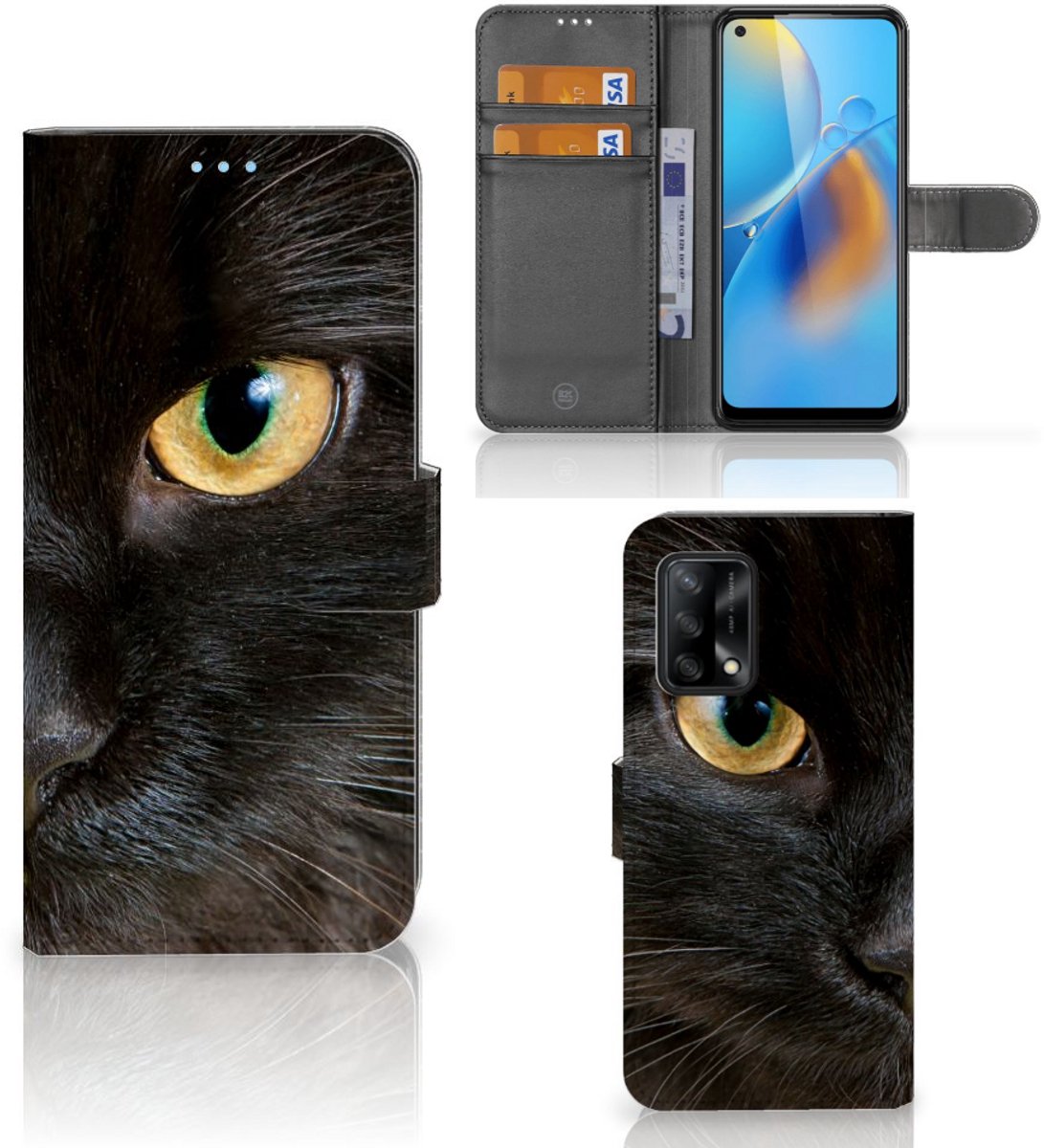 OPPO A74 4G Telefoonhoesje met Pasjes Zwarte Kat