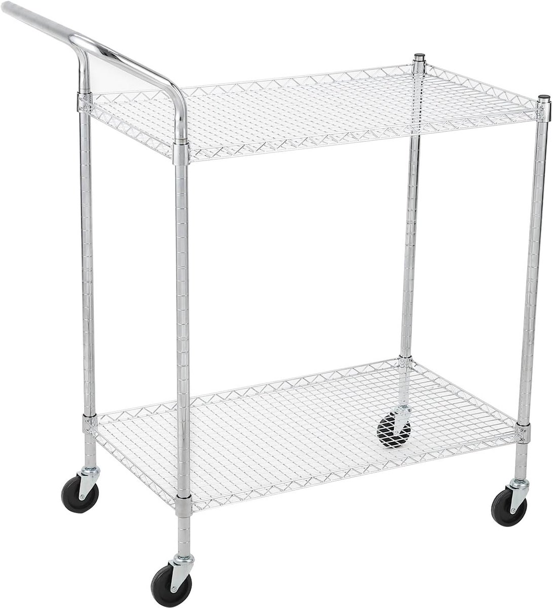 2-Laags Trolley op Wielen - Heavy Duty Serveerwagen met Verstelbare Planken & Hoge Handgreep - Verchroomd Metaal