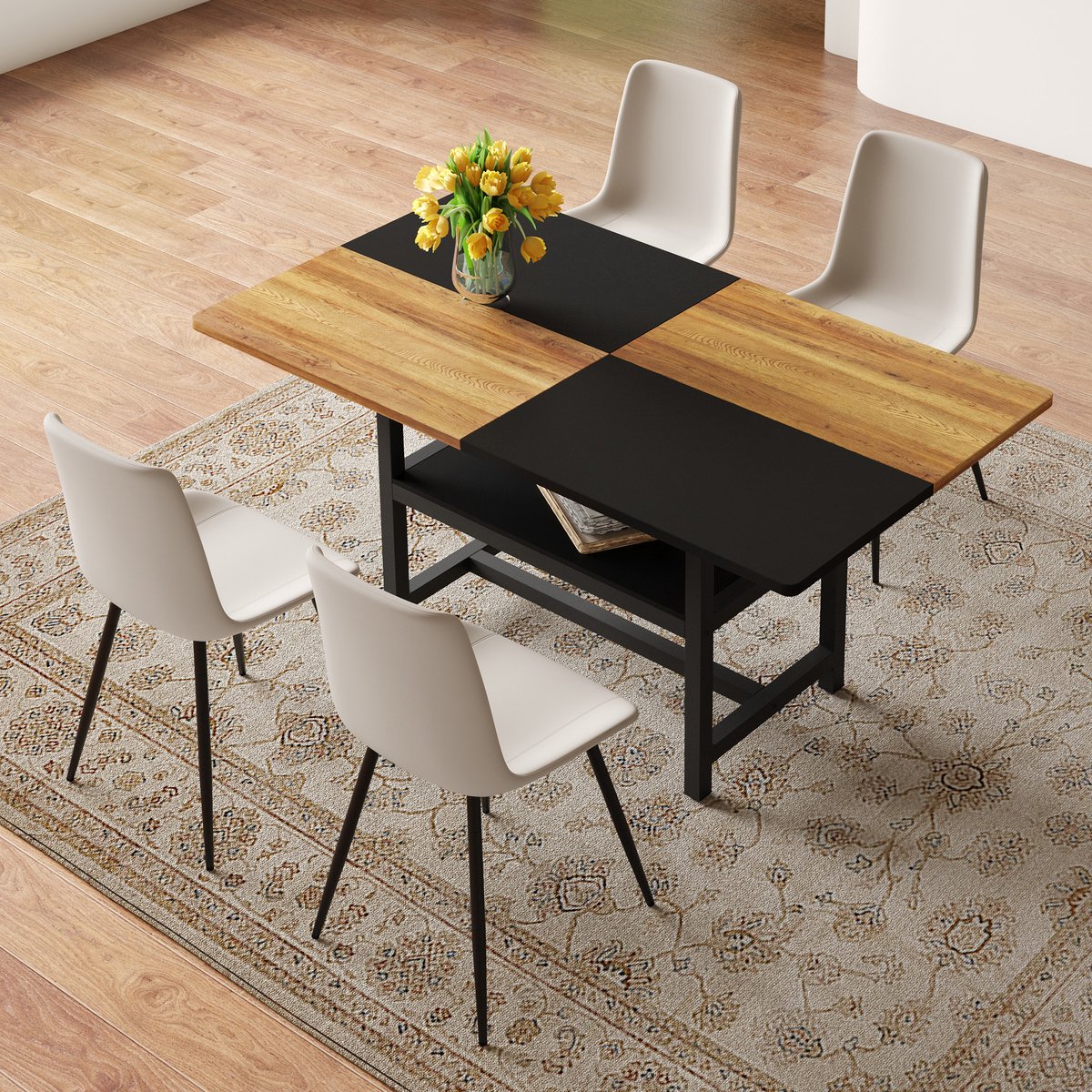 OKWISH Eetkamerset 160 Cm – Rechthoekige Eettafel Met Opbergplank En 4 Stoelen – MDF En Metaal – Bruin Zwart Warmgrijs Zwarte houttinten +Warmgrijs